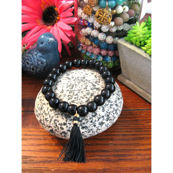 New Natural Black Obsidian Beaded Cuff Bracelet w/ Tassel - Picture 5 of 8